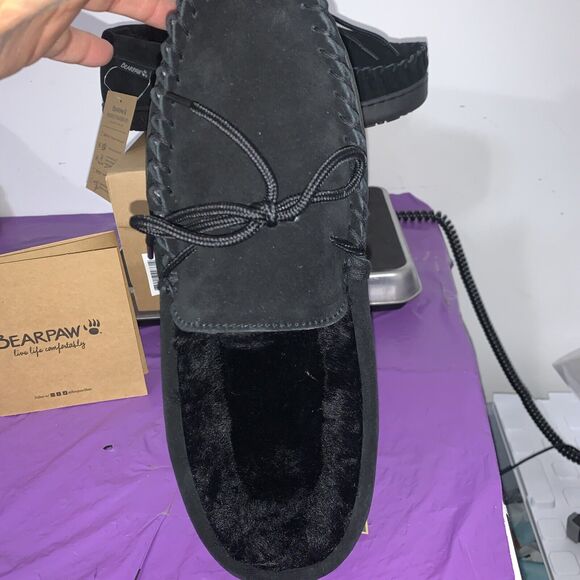 Bearpaw Moc II -Wide Men's Sheepskin Slippers - 2382M Black - US Size 12 Wide - Picture 2 of 8